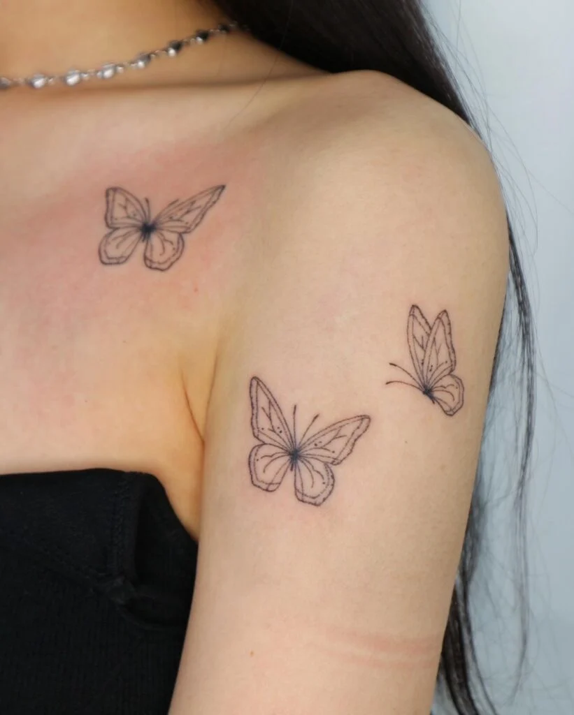 Three Fine Line Butterflies on Shoulder and Arm