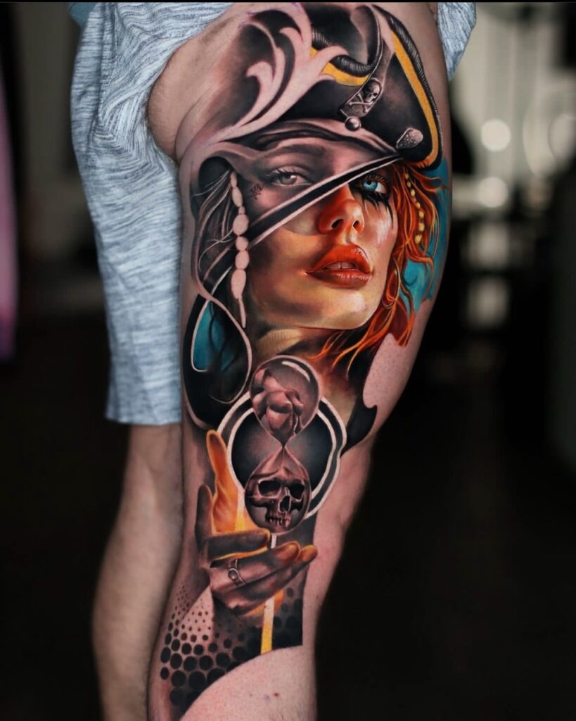 Vibrant Pirate Woman Hourglass Sleeve Tattoo
